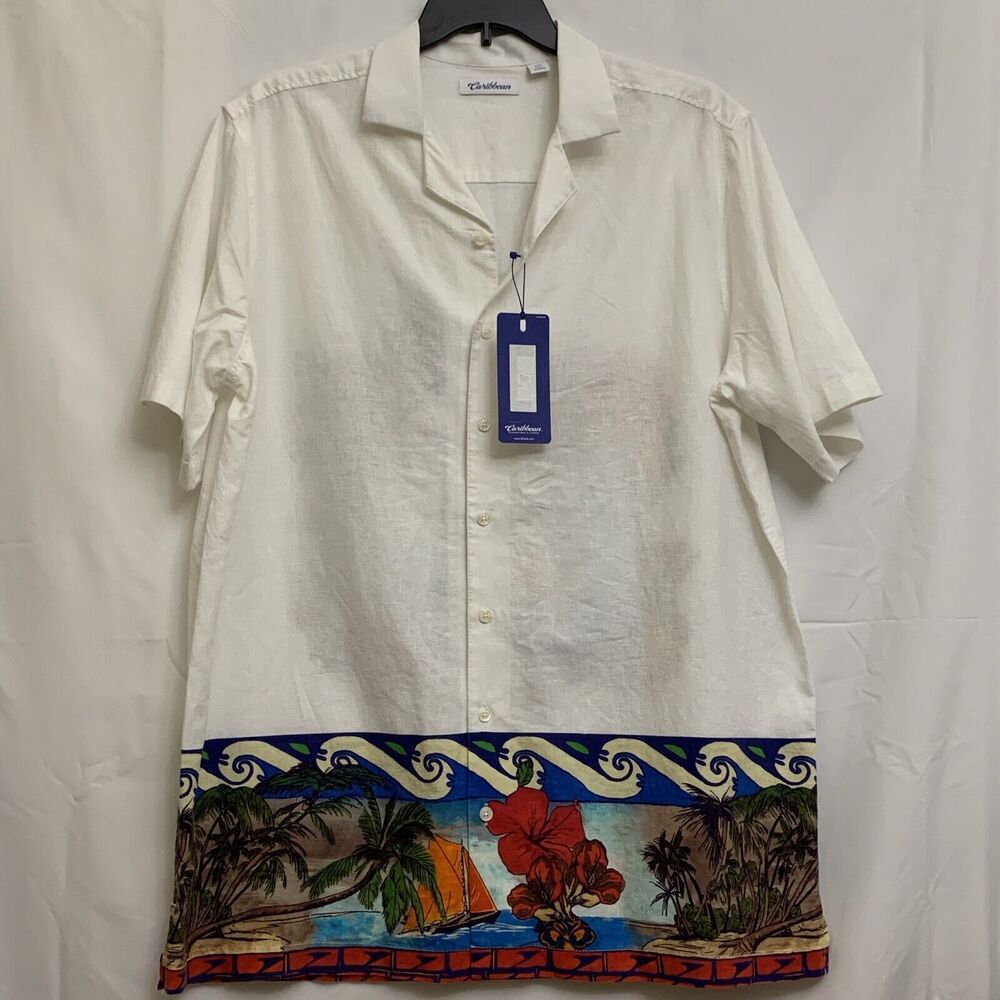 Caribbean Linen Cotton Mens Shirt XLT Big And Tall Tropical Button Up XL